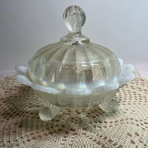 Northwood Glass Klondike Opalescent Footed Covered Candy Dish